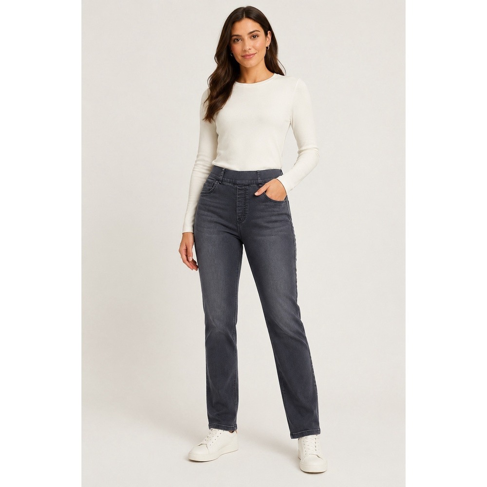 Spanx Women's L Pull On Straight Leg Jeans Dark Wash Stretch Shaping Denim Comfy